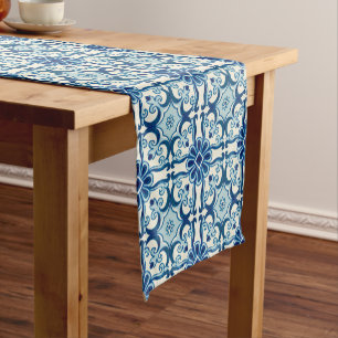 Chemin De Table Court Portugais Azulejos Blue Floral Motif