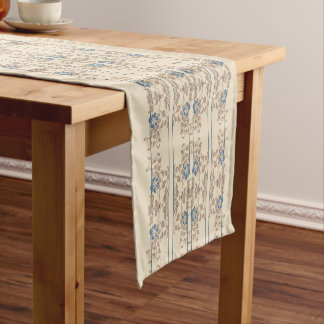 Chemin De Table Court Rayure fleurie brune et bleue crème