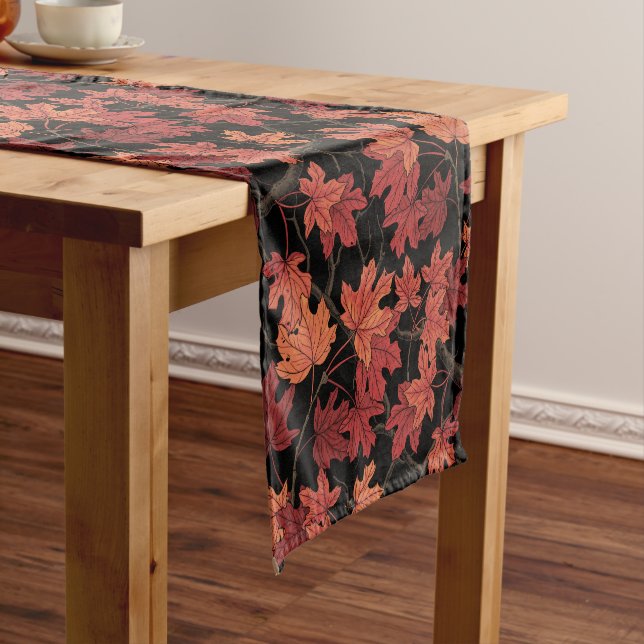 Chemin De Table Court Red Autumn maple leaves on black (In Situ)