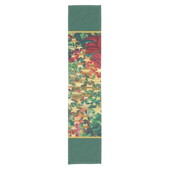 Chemin De Table Court Red Green Gold Stars Festive Noël (Devant)