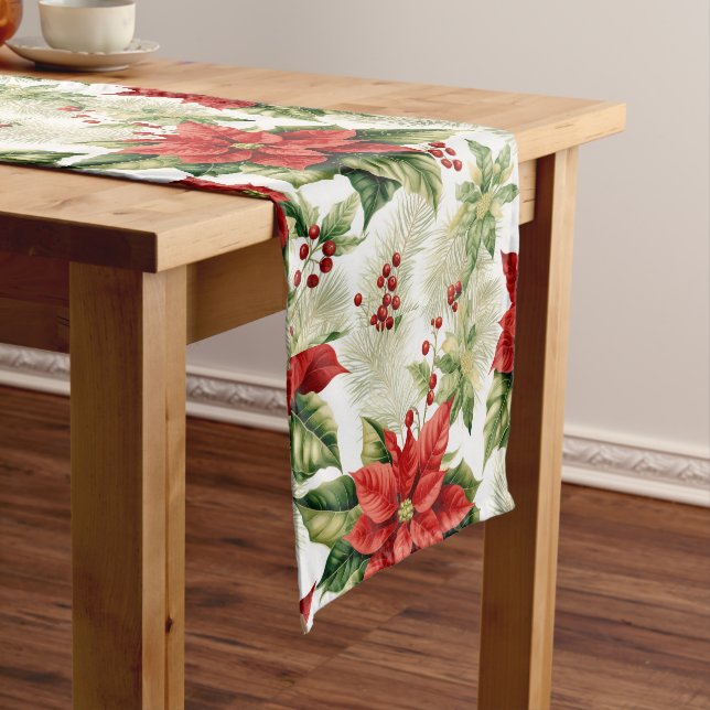 Chemin De Table Court Red Green Poinsettia Holly Berry Noël (In Situ)