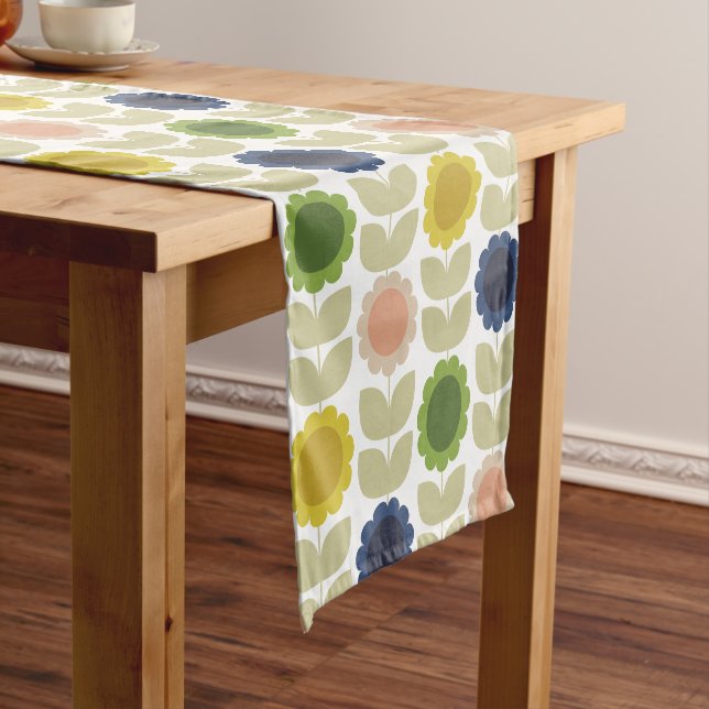 Chemin De Table Court Retro Groovy Summer Flowers Stems (In Situ)