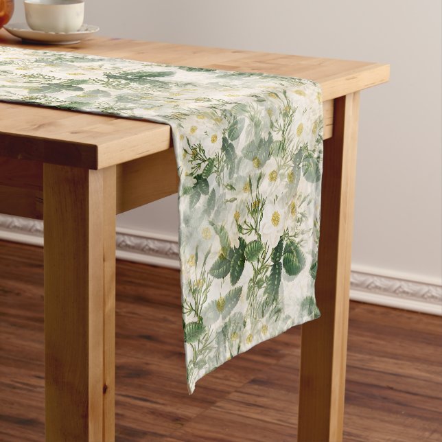 Chemin De Table Court Romantique Fleurs blanches douces et Feuilles vert (In Situ)