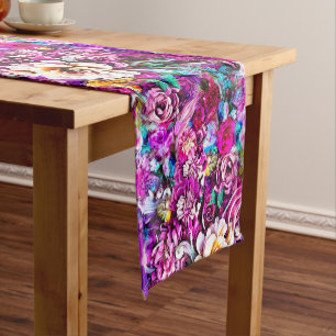Chemin De Table Court Rose violet bleu Turquoise blanc Jardin Fleurs Ima