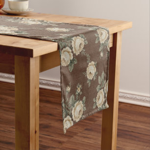 Chemin De Table Court Roses Crème Vintage sur Motif Brun Mocha