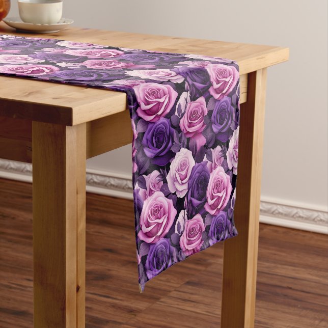 Chemin De Table Court Roses Rose Et Violet (In Situ)