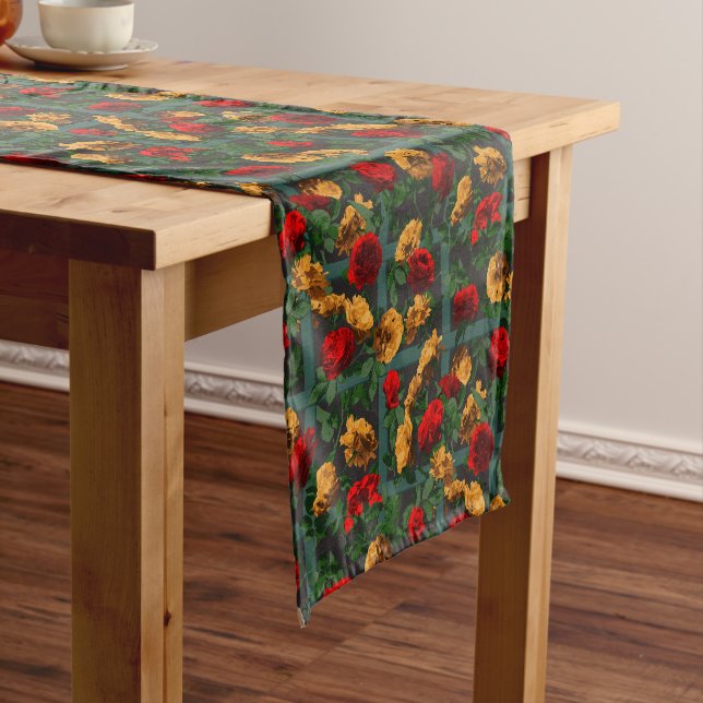 Chemin De Table Court Rouge Jaune Élégant Roses floraux (In Situ)