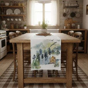 Chemin De Table Court Scène forestière à l'aquarelle