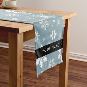 Chemin De Table Court Snowflakes blanc, Grey, Votre nom, Personnaliser