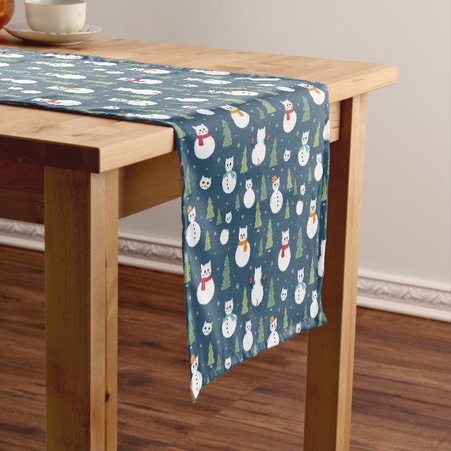 Chemin De Table Court Snowman Cats Motif de vacances (In Situ)