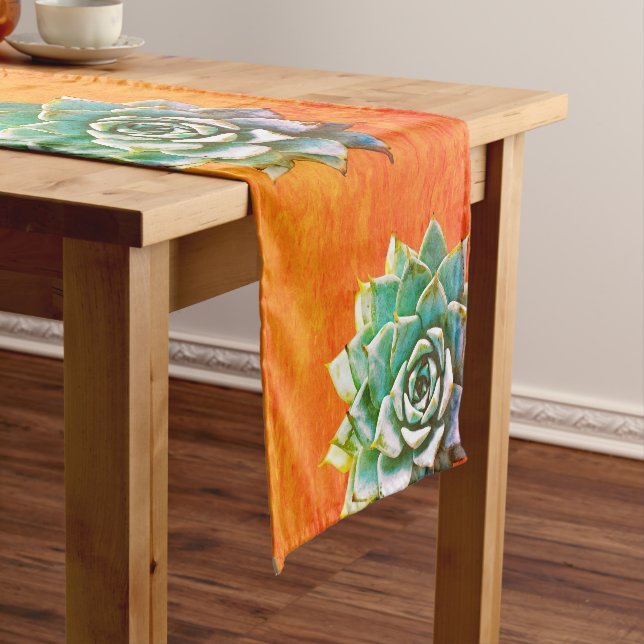 Chemin De Table Court Succulents d'aquarelle sur Terracotta (In Situ)