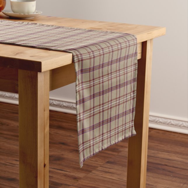 Chemin De Table Court Tan Burgundy Plaid Classic Pattern Table Runner (In Situ)