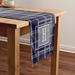 Chemin De Table Court Tartan Monogramme blanc bleu