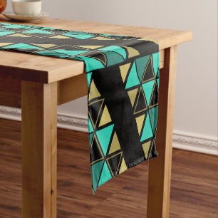 Chemin De Table Court Triangles géométriques rétro Turquoise Gold