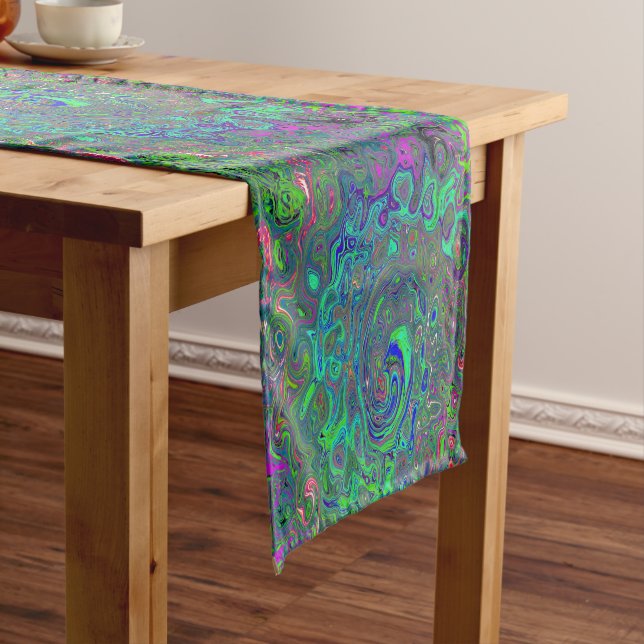 Chemin De Table Court Trippy Chartreuse et Blue Retro Liquid Swirl (In Situ)
