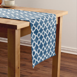 Chemin De Table Court Tropical Bleu Blanc Ikat Quatrefeuille Motif Artis