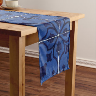 Chemin De Table Court Tuiles portugaises - Azulejo Blue Floral Leaf Desi
