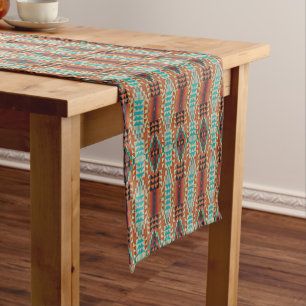 Chemin De Table Court Turquoise Marron Orange Brûlé Motif Mosaïque
