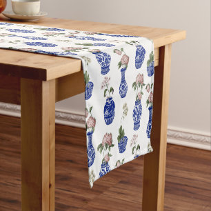 Chemin De Table Court Vases et fleurs bleus de chinoiserie