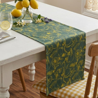 Chemin De Table Court Yellow Lemon Hand Drawn Design on Dark Green 