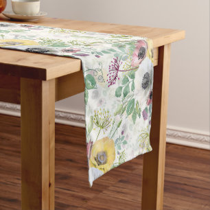 Chemin De Table Long Anémones roses, blanches et jaunes.
