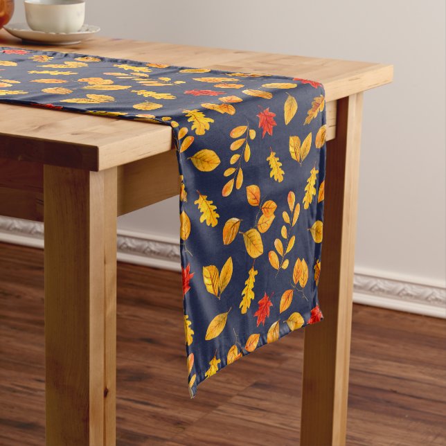Chemin De Table Long Aquarelle Automne Leaf Fall Navy (In Situ)