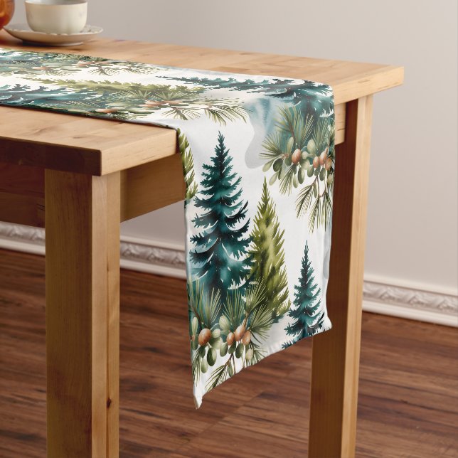 Chemin De Table Long Aquarelle Pine Motif Elégant hiver (In Situ)