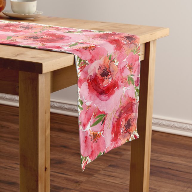 Chemin De Table Long Aquarelle rose floral motif long tableau (In Situ)
