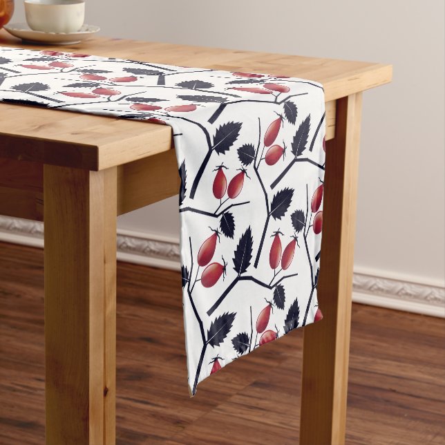 Chemin De Table Long Autumn Rose Hip and Branch Pattern White (In Situ)