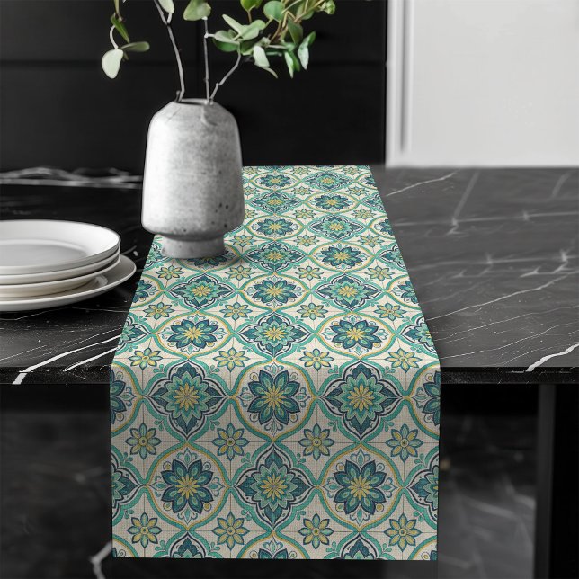 Chemin De Table Long Bleu et blanc Carrelage méditerranéen Accent (Blue and White Mediterranean Tile Table Accent Long Table Runner)