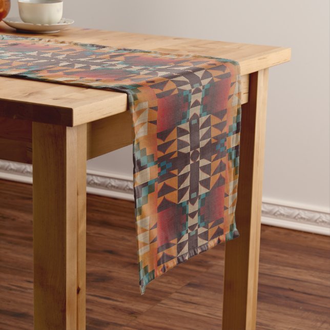 Chemin De Table Long Bleu turquoise Beige Rouge foncé Art Tribal Brown  (In Situ)
