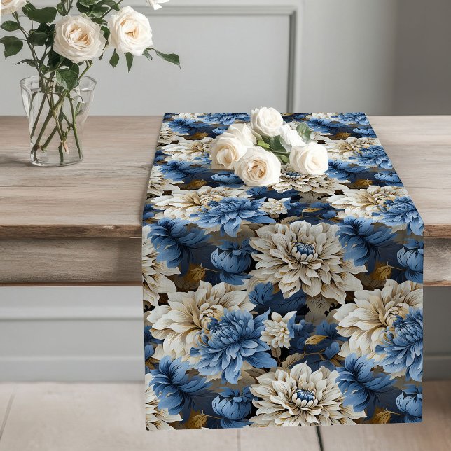 Chemin De Table Long Blue and White Flowers Chic Table Runner (Blue and White Flowers Chic Table Runner)