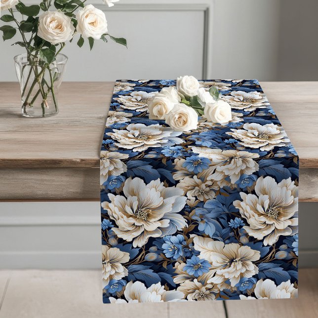 Chemin De Table Long Blue Flowers Ivory Elegant Dining Table Runner (Blue Flowers Ivory Elegant Dining Table Runner)