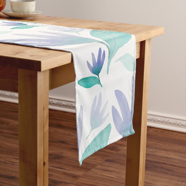 Chemin De Table Long Caraibes bleu vert Aquarelle Fleurs d'émerveilleme (In Situ)