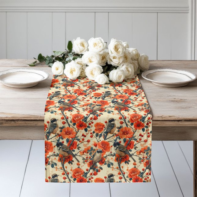 Chemin De Table Long Chaleureux Coureur de table d'automne avec les ois (Warm Autumn Table Runner with Birds Rustic Florals)