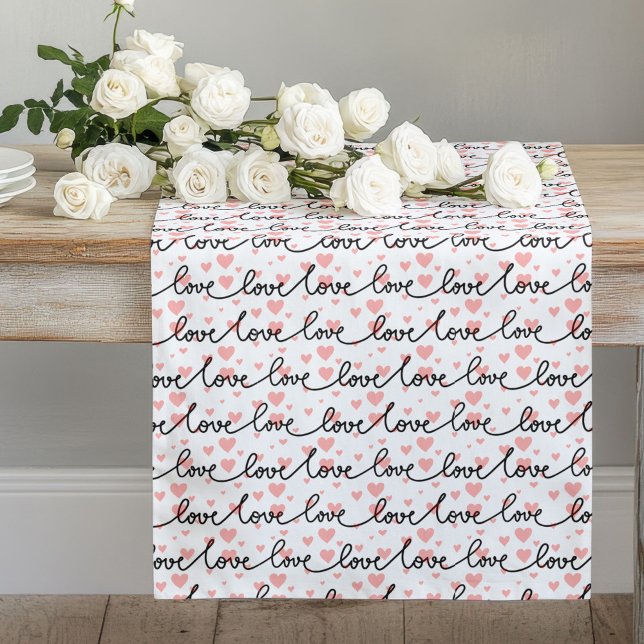 Chemin De Table Long Chic Wedding Gift Pink Black Love Lettering Hearts (Pink Black Hearts Sketch Romantic Valentine Table Runner)