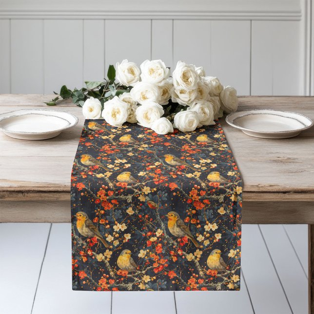 Chemin De Table Long Coureur inspiré par l'automne avec des oiseaux et  (Fall-Inspired Runner with Birds and Garden Blooms)
