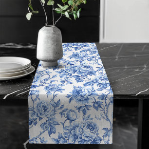 Chemin De Table Long Décoratif Toile de Jouy Fleurs Roses Bleues Décora