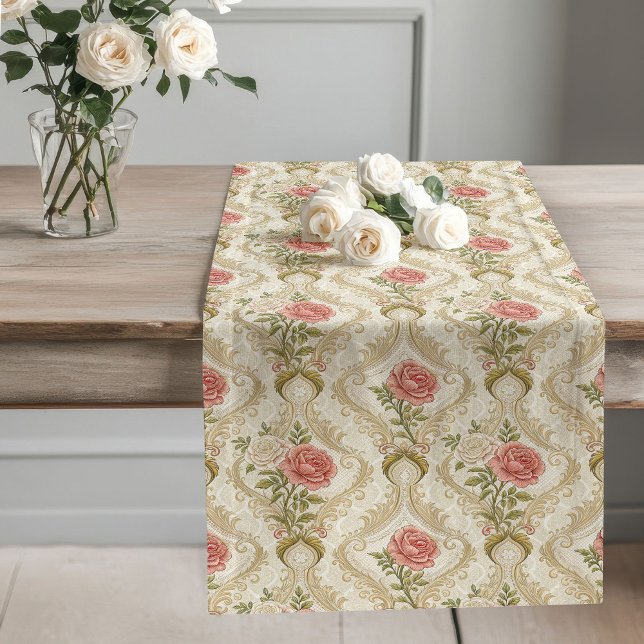 Chemin De Table Long Elégant Beige Damask Blush Rose Victorian Inspire (Elegant Beige Damask Blush Roses Victorian Inspire Long Table Runner)