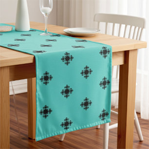 Chemin De Table Long Elegant Cross Motif en noir et Pastel Turquoise bl