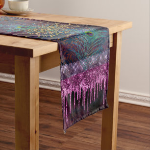 Chemin De Table Long Elégante Peacock Feather Purple Damask Gold Partie