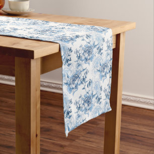 Chemin De Table Long Élégantes pivoines gravées en bleu et blanc