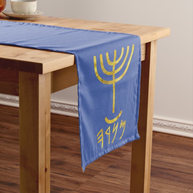 Chemin De Table Long Menorah Table Runner Blue Gold (In Situ)