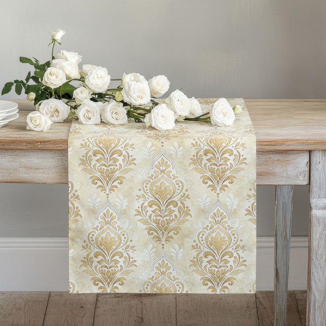 Chemin De Table Long Motif de Damas Artistiques Motif de tableau ivoire (Neutral Ivory Table Runner Artistic Damask Pattern)