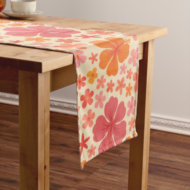 Chemin De Table Long Motif d'hibiscus hawaïen des années 60 (In Situ)