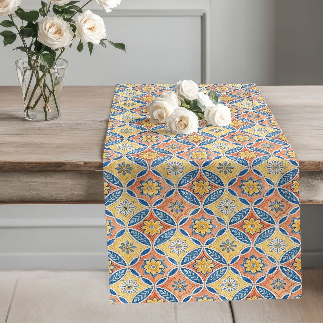 Chemin De Table Long Motifs de Carrelage Traditionnel Méditerranéen Art (Artistic Mediterranean Traditional Tile Motifs Long Table Runner)