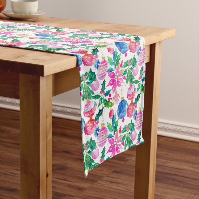 Chemin De Table Long Ornements rose, vert et bleu (In Situ)