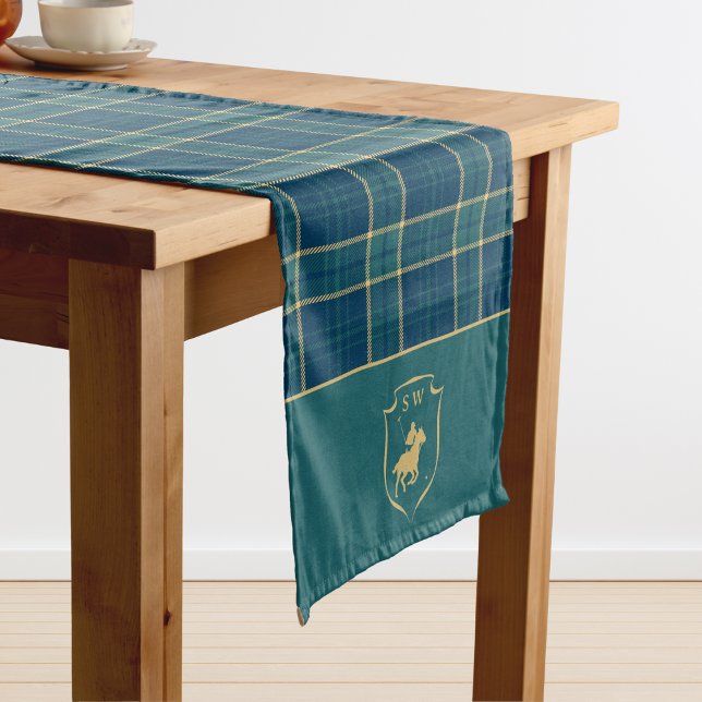 Chemin De Table Long Polo Classique à Carreaux Tartan et Monogramme Équ (Créateur téléchargé)