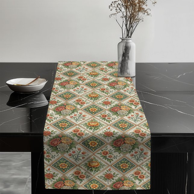 Chemin De Table Long Roses Rouges Romantiques Coureur de table Carrelag (Romantic Red Roses Table Runner Vintage Tile Charm)