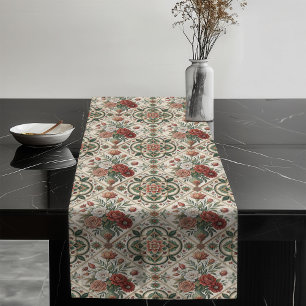 Chemin De Table Long Rouge Roses Pastel Carrelage vert Shabby Décor Chi